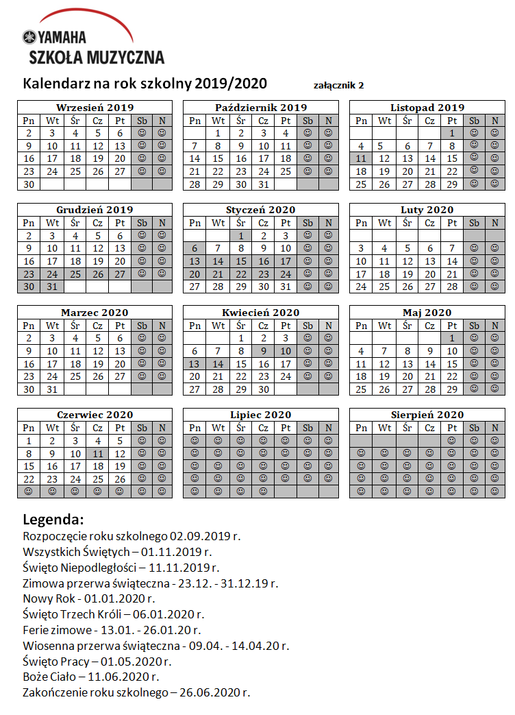 kalendarz na rok szkolny